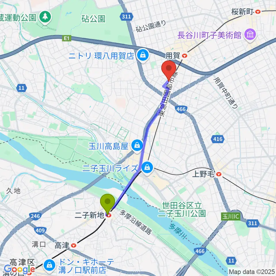 二子新地駅からマイカミュージックラボラトリーへのルートマップ地図