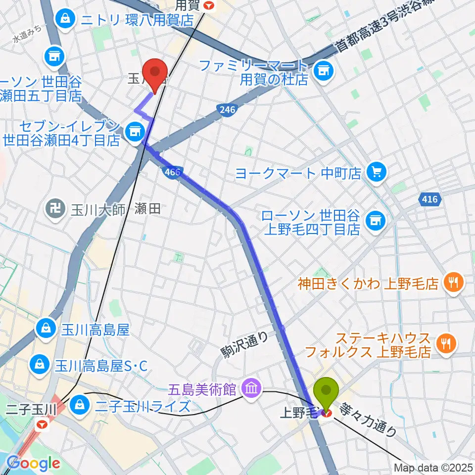 上野毛駅からマイカミュージックラボラトリーへのルートマップ地図