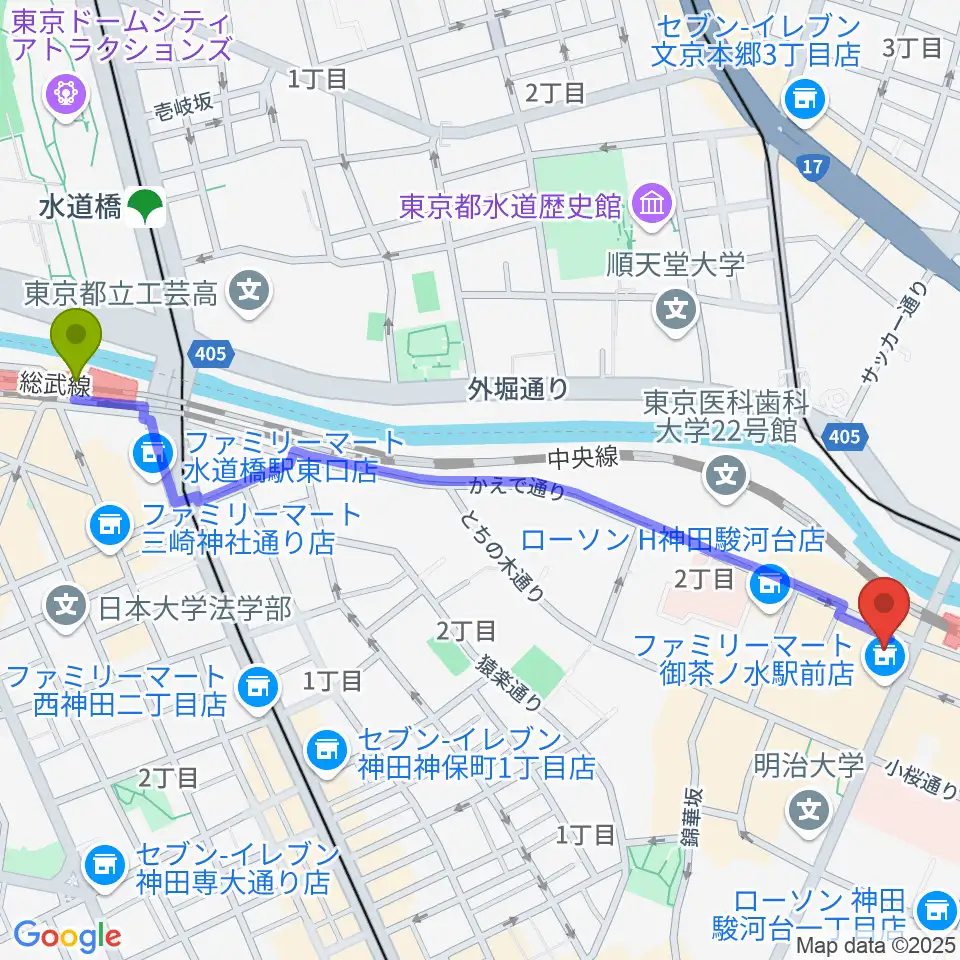 水道橋駅からESPギタークラフトアカデミー東京校へのルートマップ地図