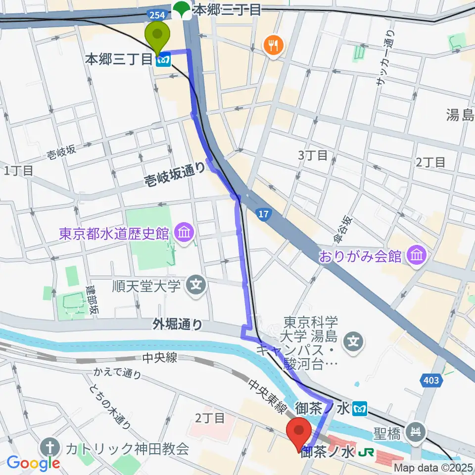 本郷三丁目駅からESPギタークラフトアカデミー東京校へのルートマップ地図