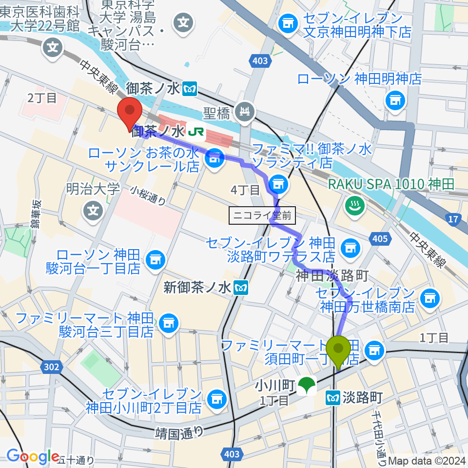 淡路町駅からESPギタークラフトアカデミー東京校へのルートマップ地図