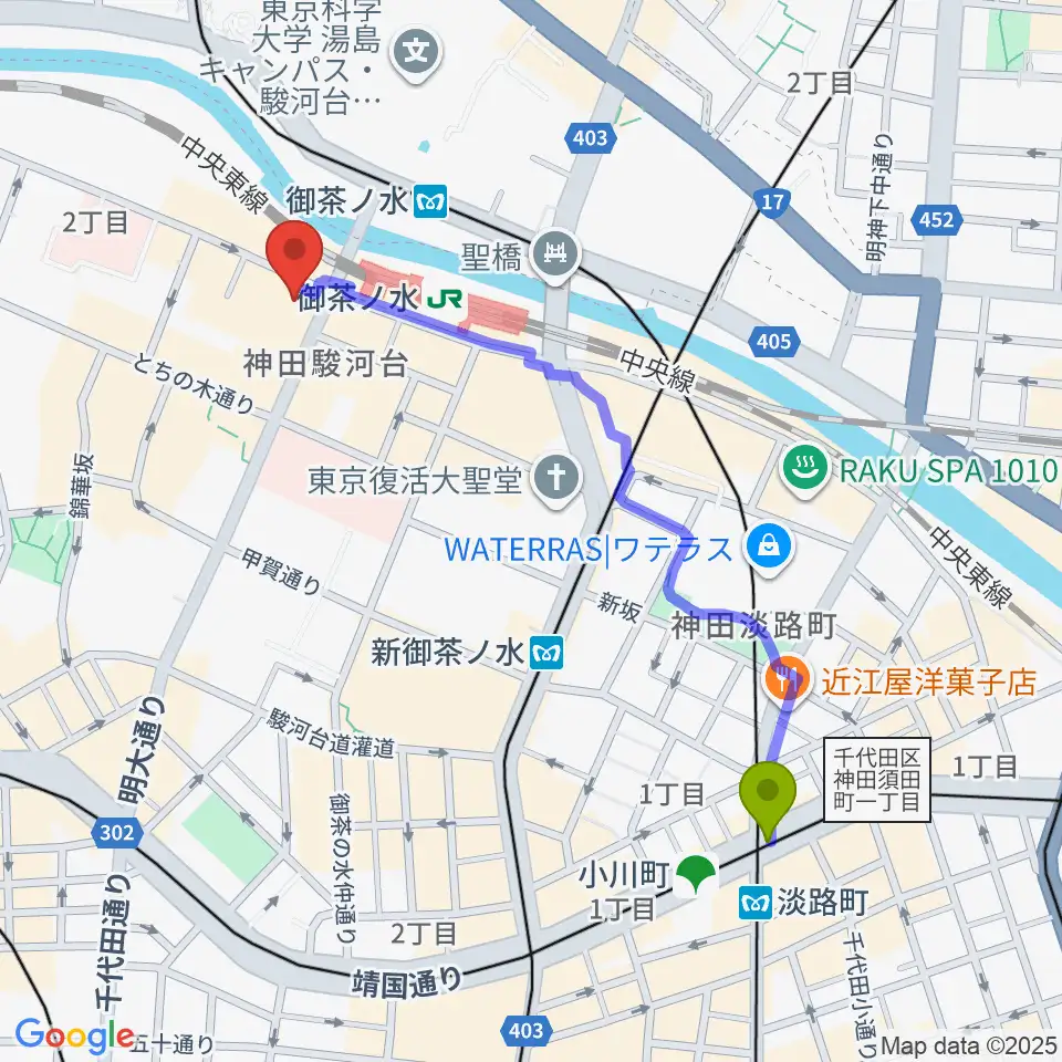 淡路町駅からESPギタークラフトアカデミー東京校へのルートマップ地図