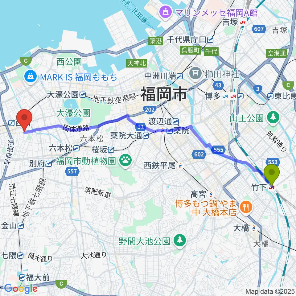 竹下駅からソルフェ音楽専門学院へのルートマップ地図