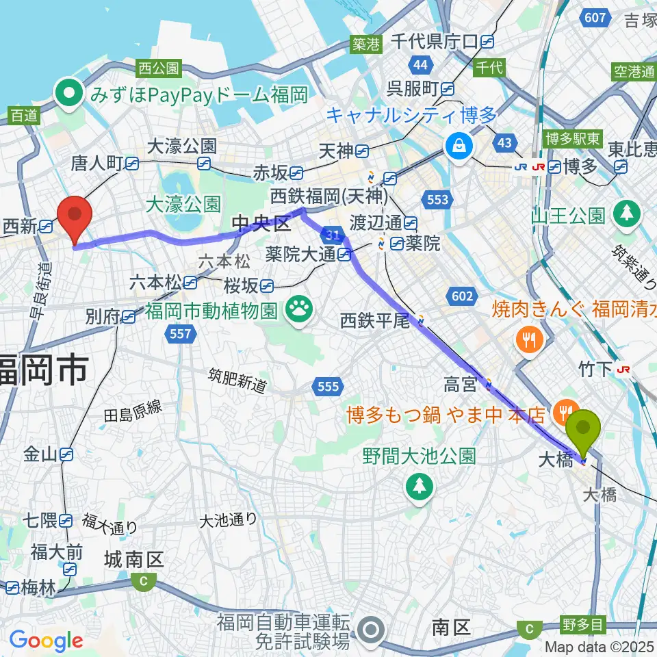 大橋駅からソルフェ音楽専門学院へのルートマップ地図