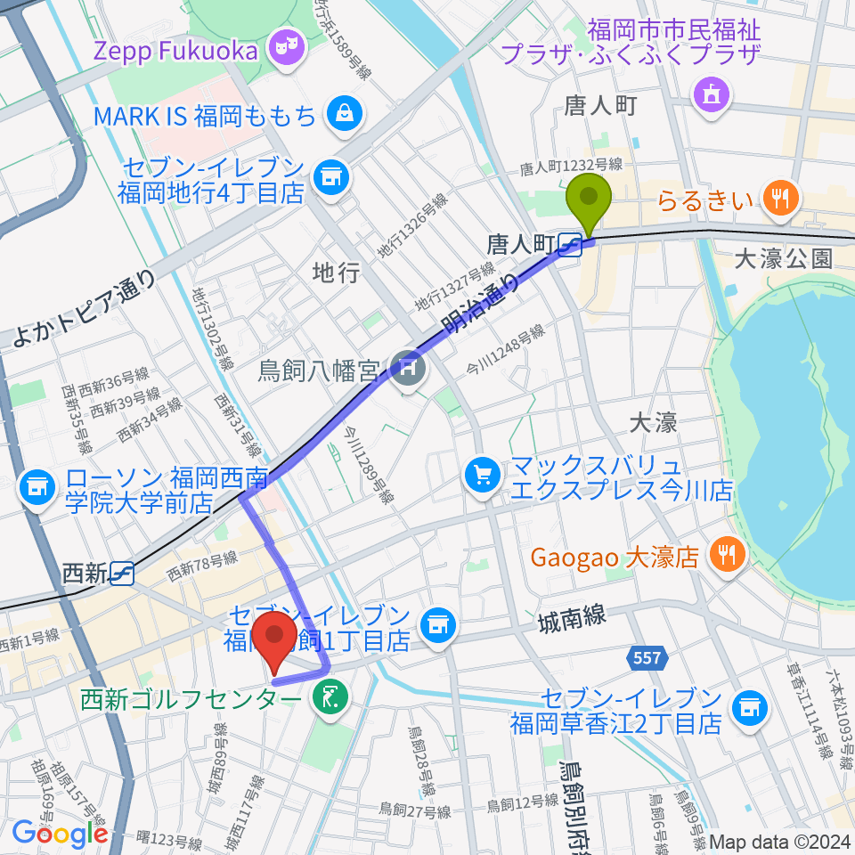 唐人町駅からソルフェ音楽専門学院へのルートマップ地図