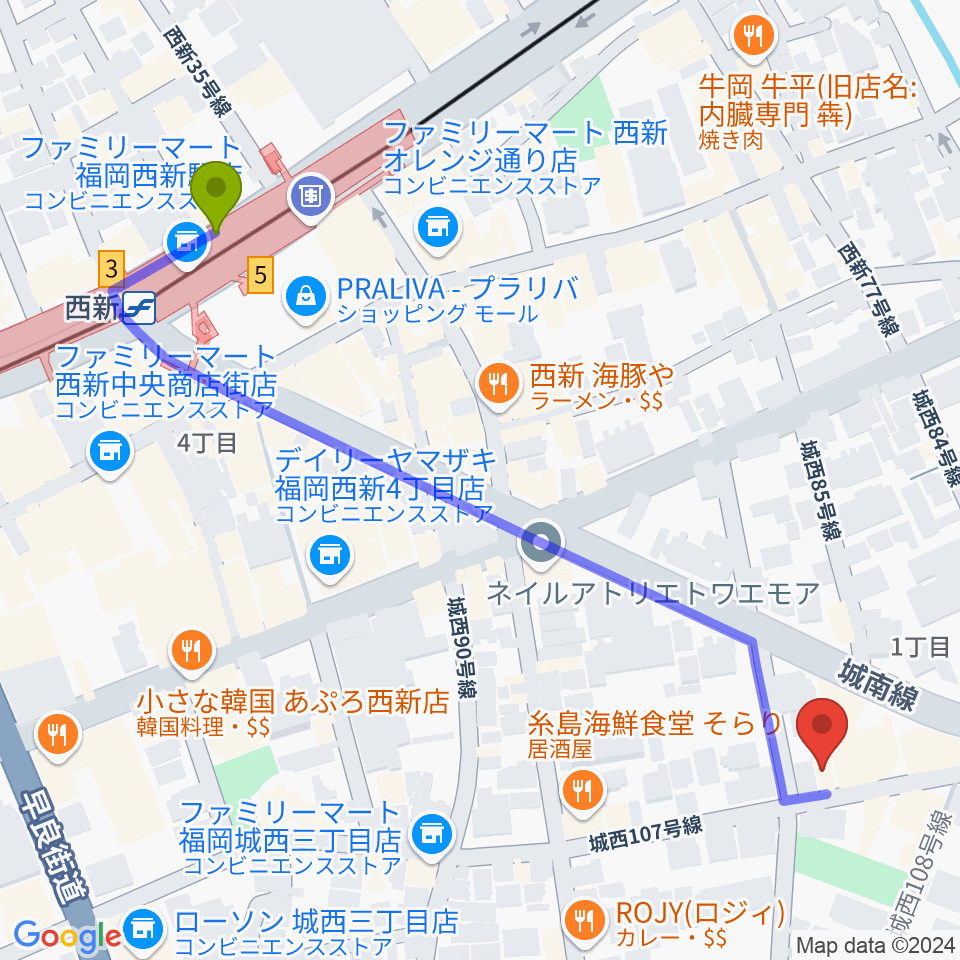 ソルフェ音楽専門学院の最寄駅西新駅からの徒歩ルート（約7分）地図