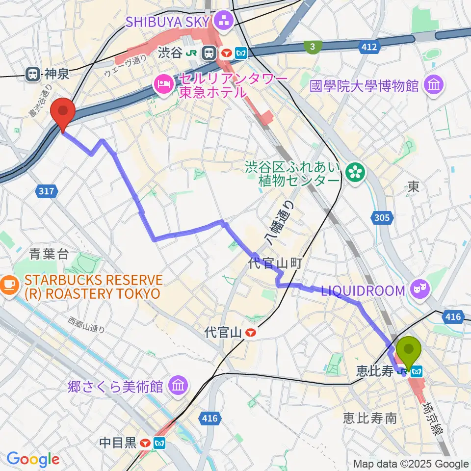 恵比寿駅から日本ピアノ調律・音楽学院へのルートマップ地図