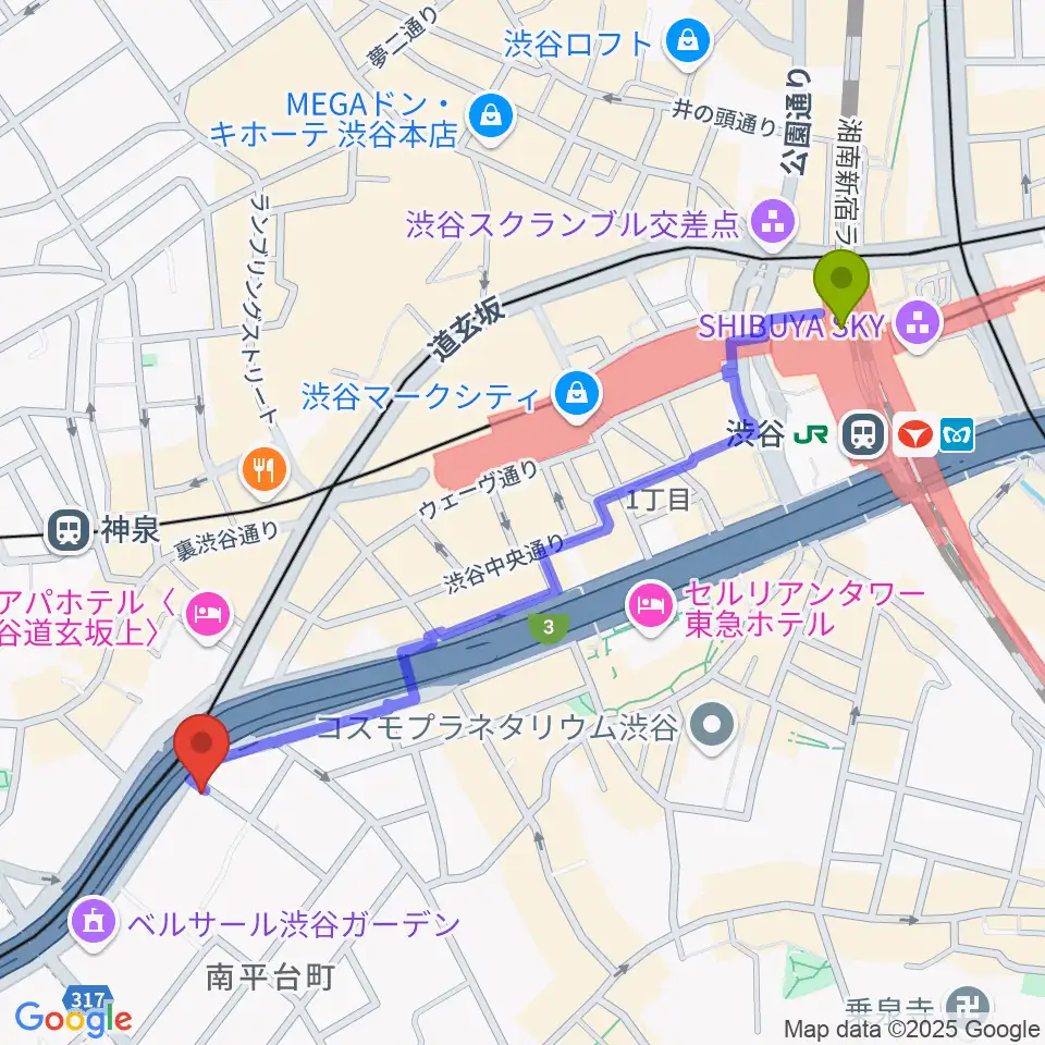 渋谷駅から日本ピアノ調律・音楽学院へのルートマップ地図