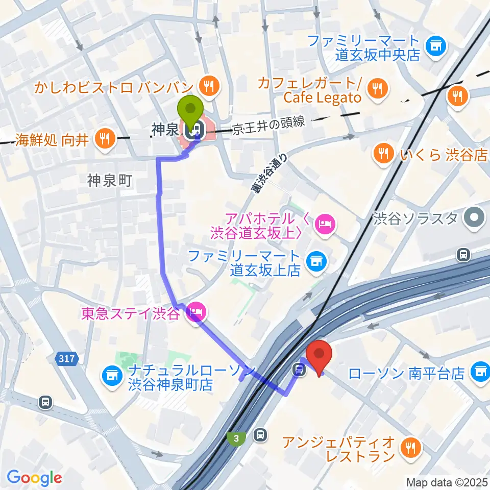 日本ピアノ調律・音楽学院の最寄駅神泉駅からの徒歩ルート（約4分）地図