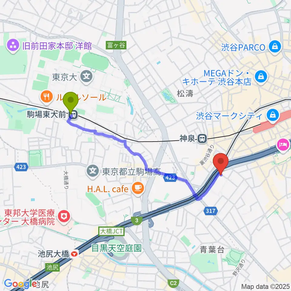 駒場東大前駅から日本ピアノ調律・音楽学院へのルートマップ地図