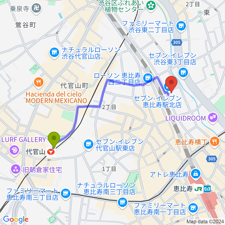 代官山駅から日本ピアノ調律・音楽学院へのルートマップ地図