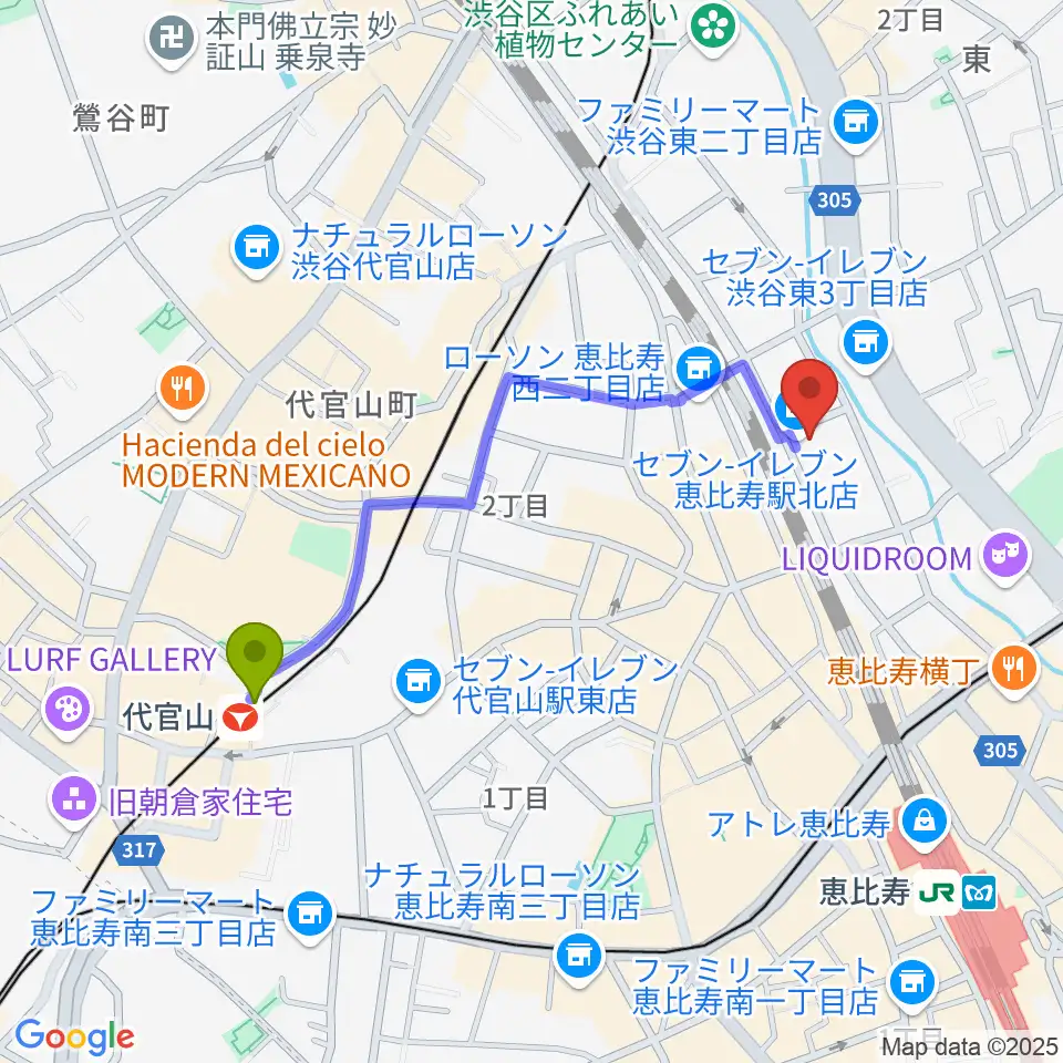 代官山駅から日本ピアノ調律・音楽学院へのルートマップ地図