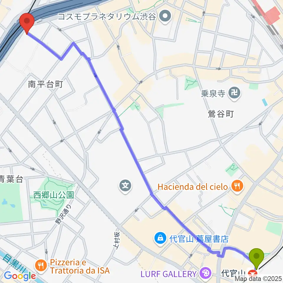 代官山駅から日本ピアノ調律・音楽学院へのルートマップ地図