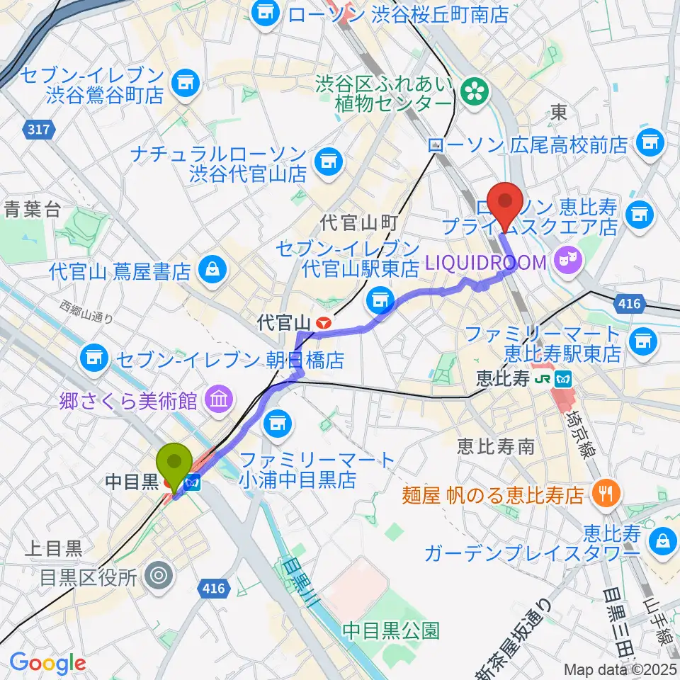 中目黒駅から日本ピアノ調律・音楽学院へのルートマップ地図