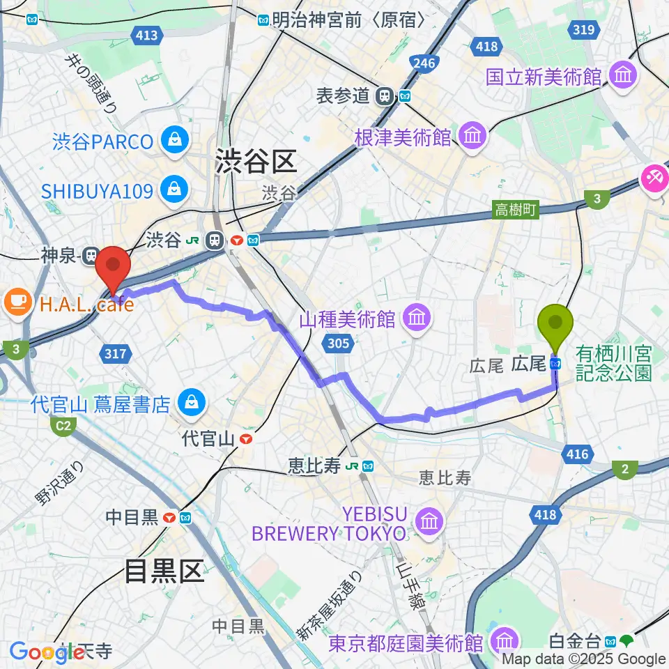 広尾駅から日本ピアノ調律・音楽学院へのルートマップ地図