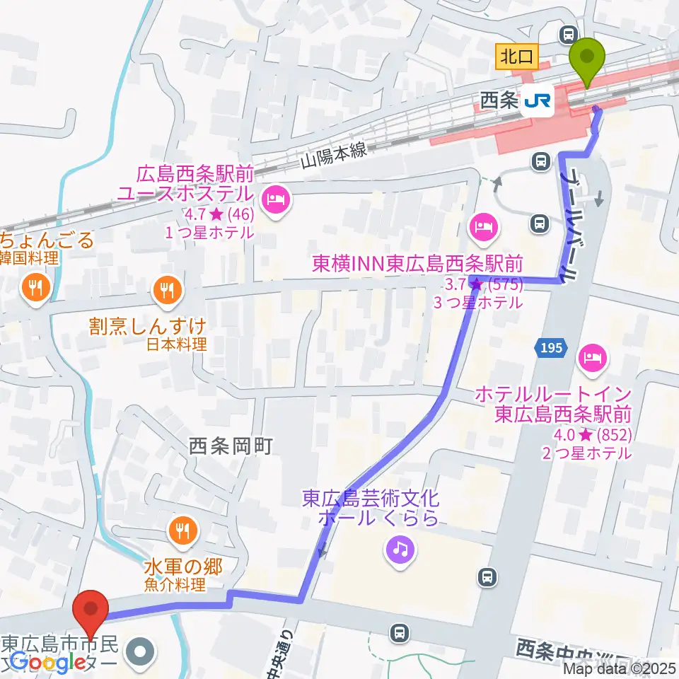 セッション西条駅前店 音楽教室の最寄駅西条駅からの徒歩ルート（約9分）地図