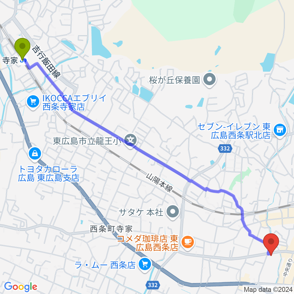 寺家駅からセッション西条駅前店 音楽教室へのルートマップ地図