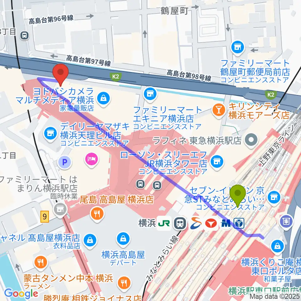 横浜音楽院の最寄駅横浜駅からの徒歩ルート（約6分）地図
