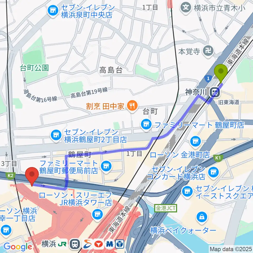 神奈川駅から横浜音楽院へのルートマップ地図