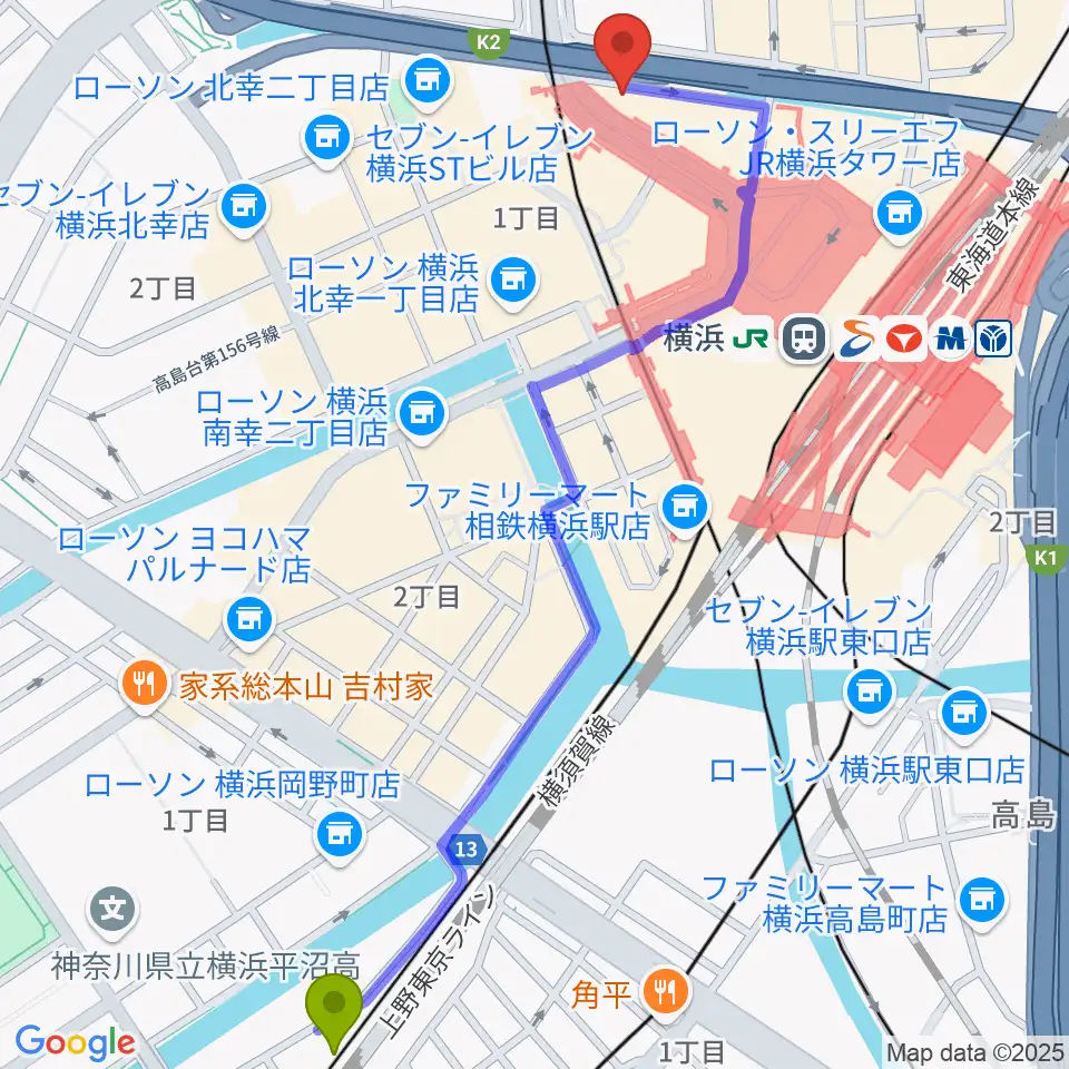 平沼橋駅から横浜音楽院へのルートマップ地図