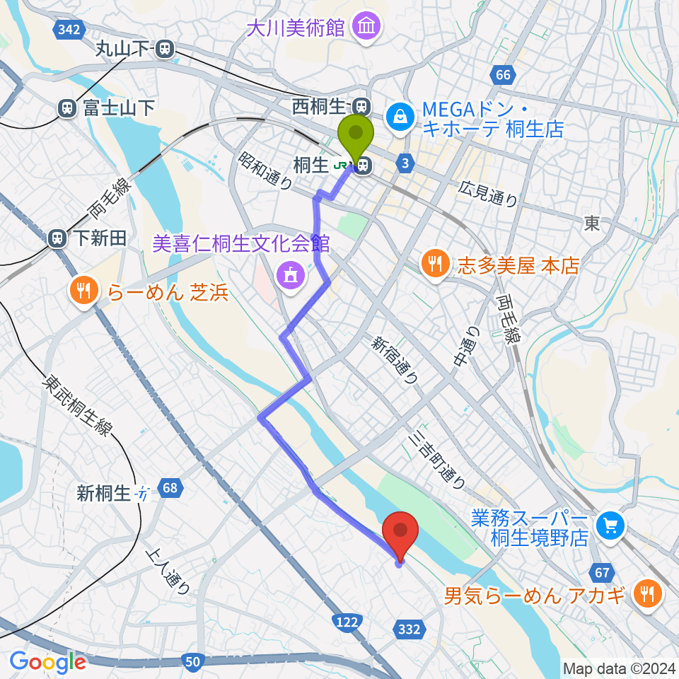 桐生駅からJ-music ボーカル音楽教室へのルートマップ地図