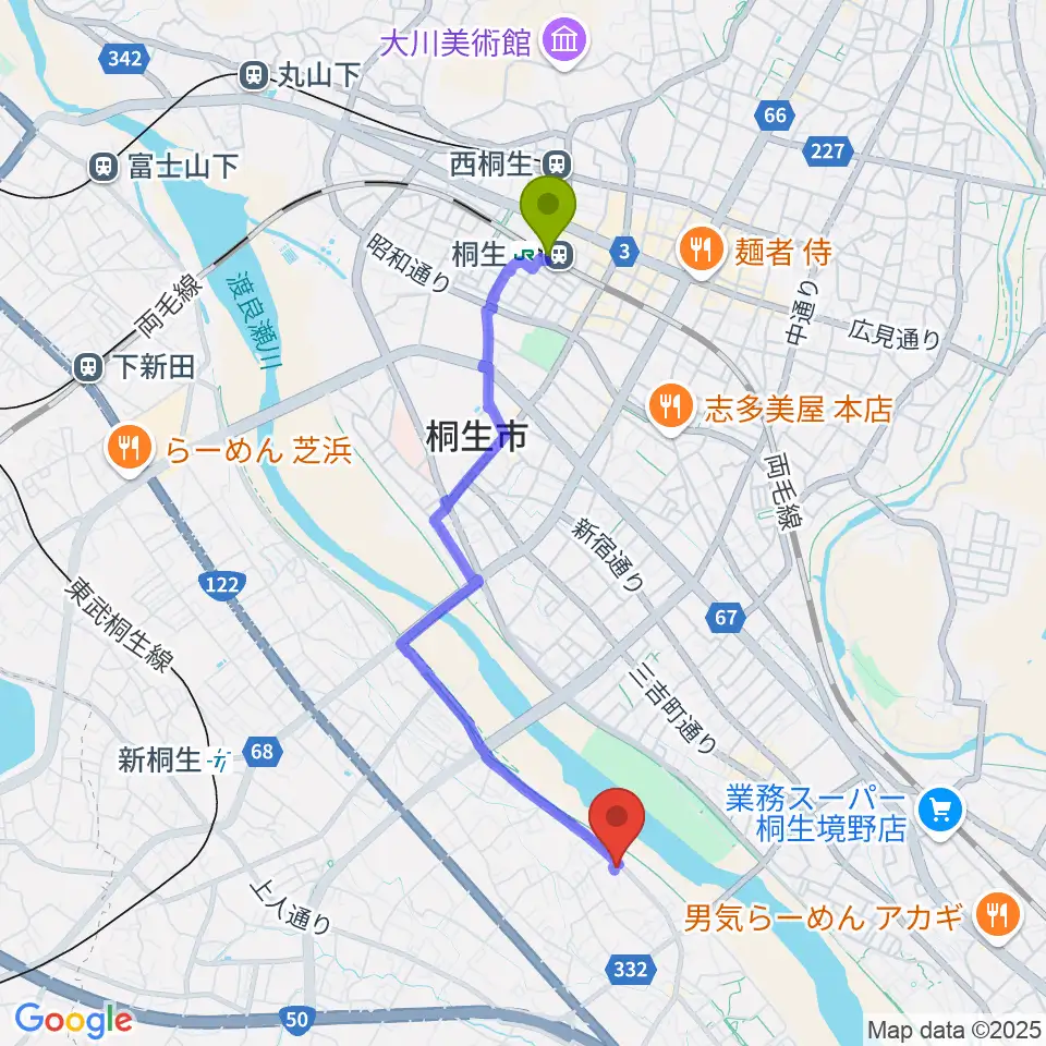 桐生駅からJ-music ボーカル音楽教室へのルートマップ地図