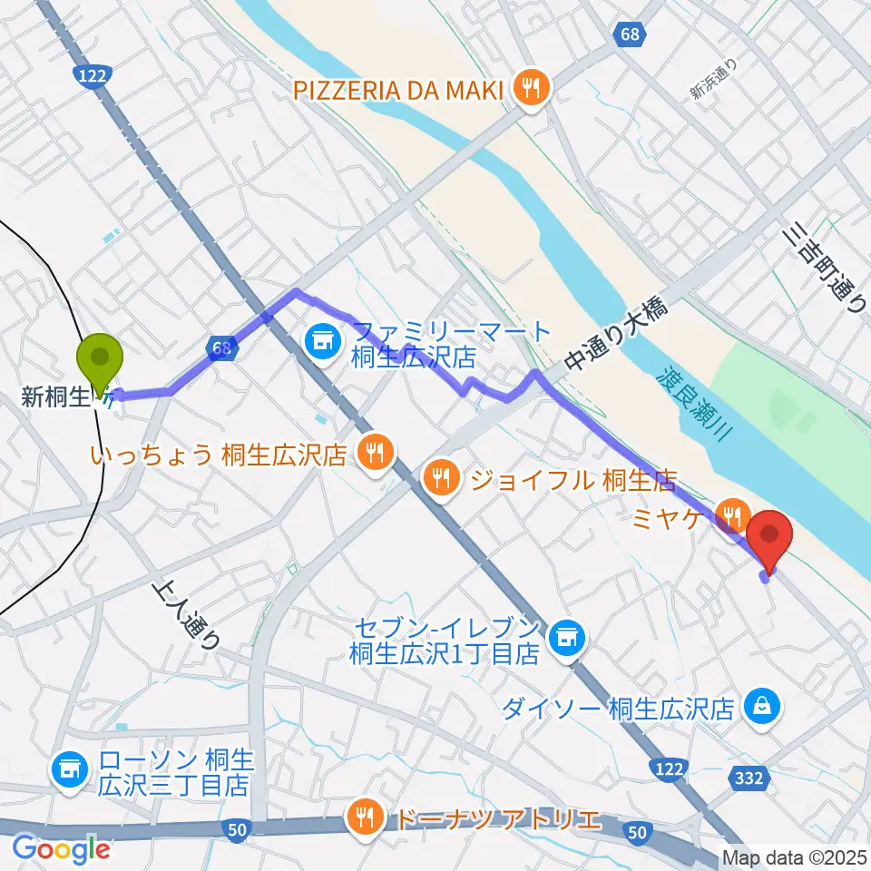 J-music ボーカル音楽教室の最寄駅新桐生駅からの徒歩ルート（約24分）地図