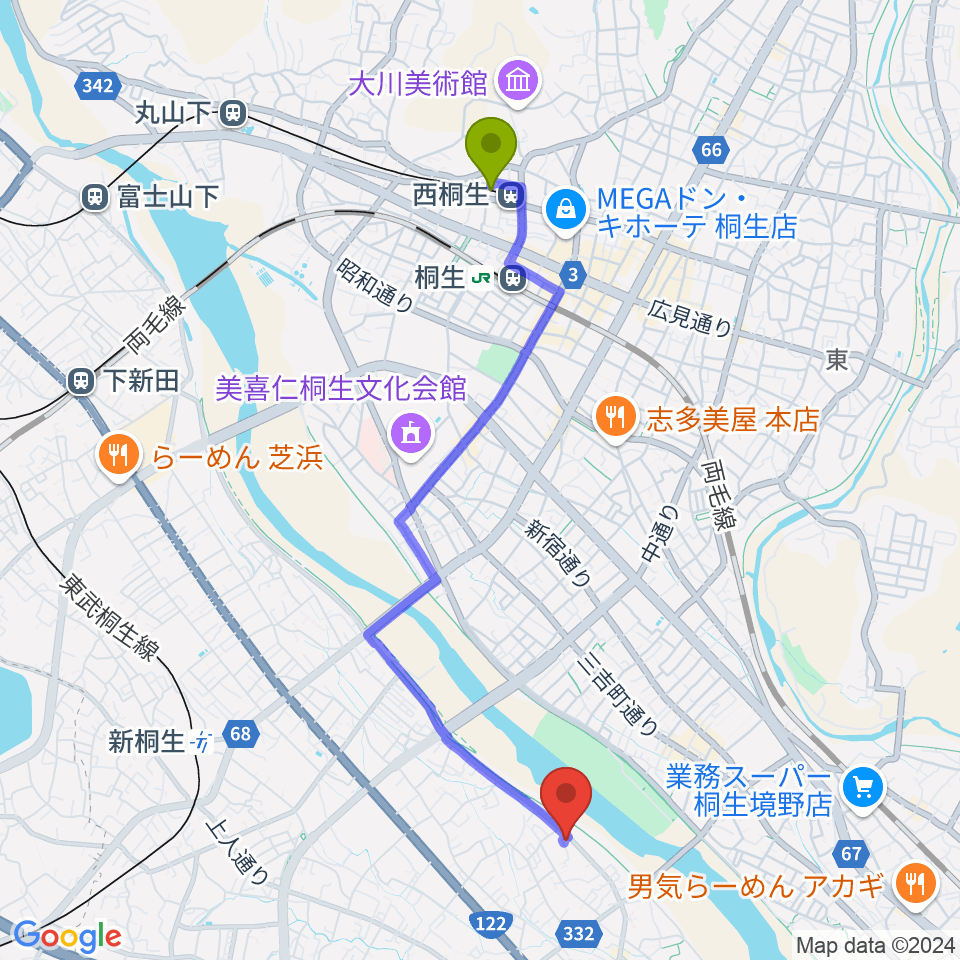 西桐生駅からJ-music ボーカル音楽教室へのルートマップ地図