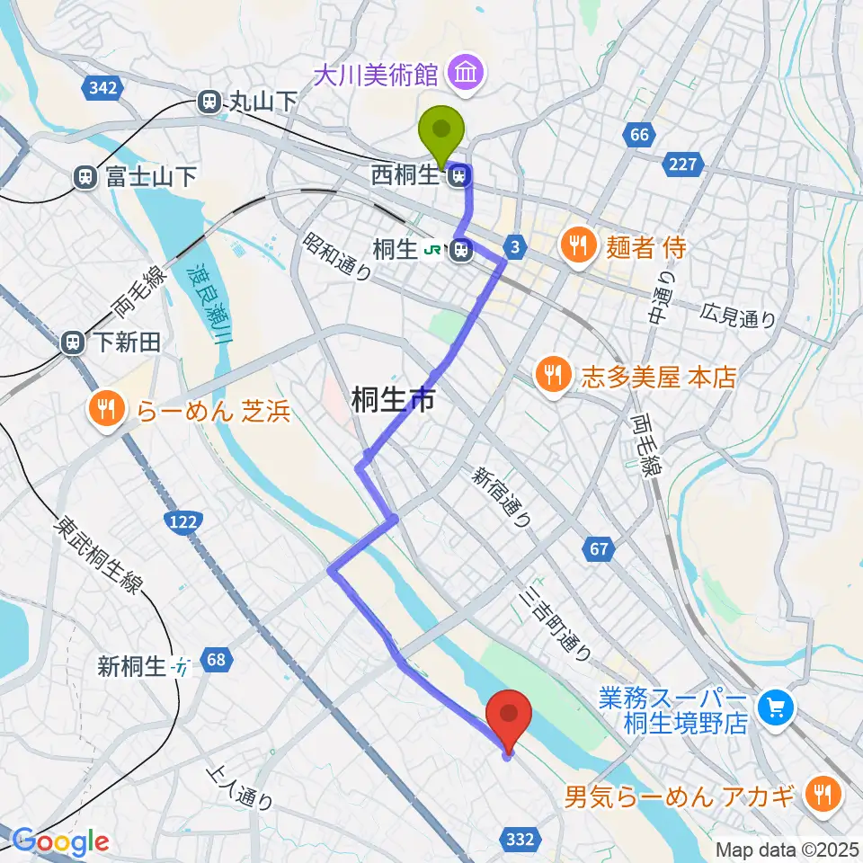 西桐生駅からJ-music ボーカル音楽教室へのルートマップ地図