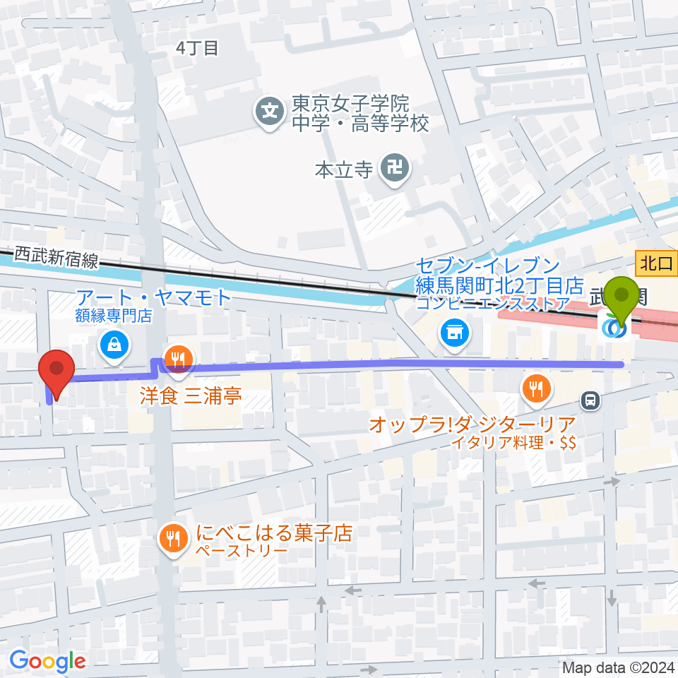 べっら・ぼーちぇ音楽院の最寄駅武蔵関駅からの徒歩ルート（約7分）地図