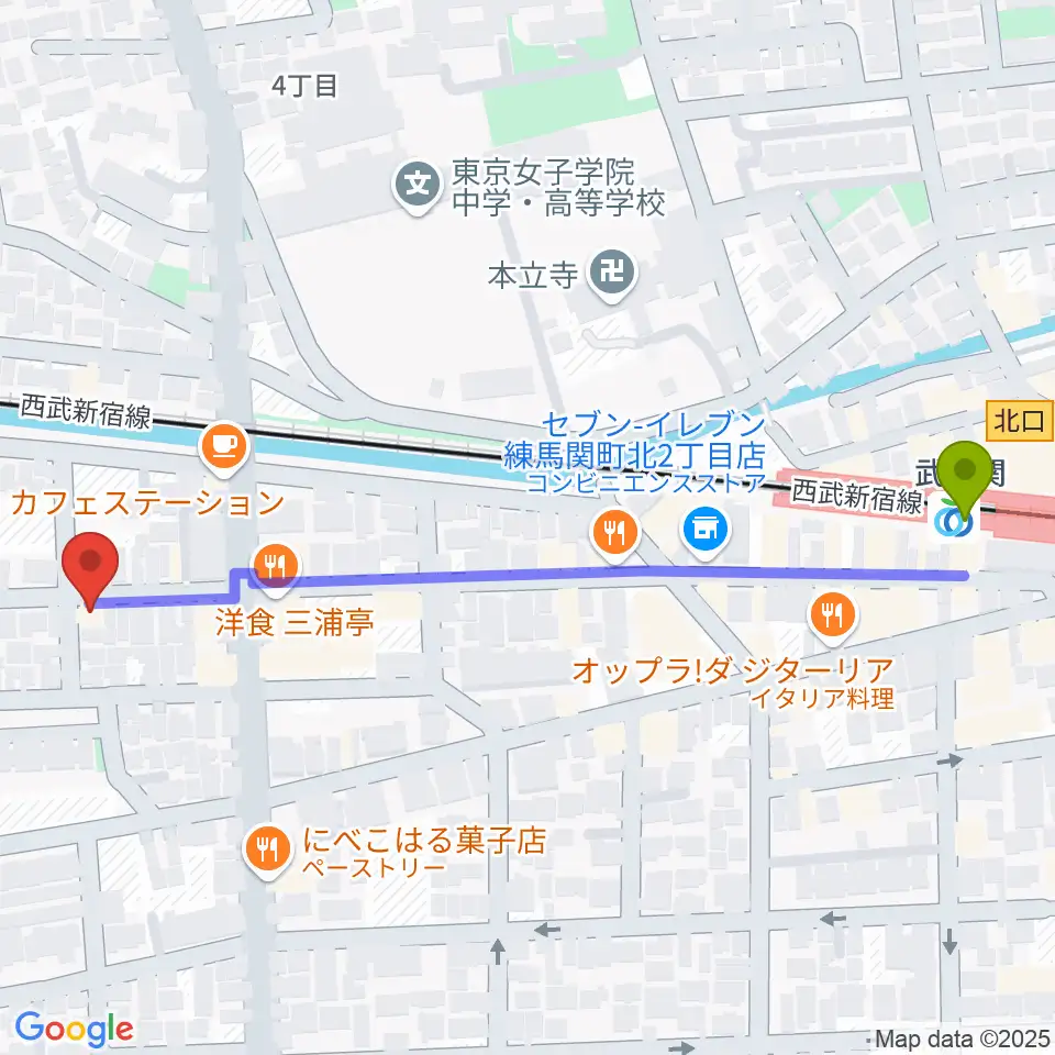 べっら・ぼーちぇ音楽院の最寄駅武蔵関駅からの徒歩ルート（約6分）地図