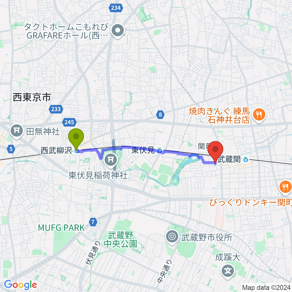 西武柳沢駅からべっら・ぼーちぇ音楽院へのルートマップ地図