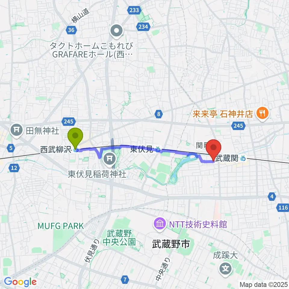 西武柳沢駅からべっら・ぼーちぇ音楽院へのルートマップ地図
