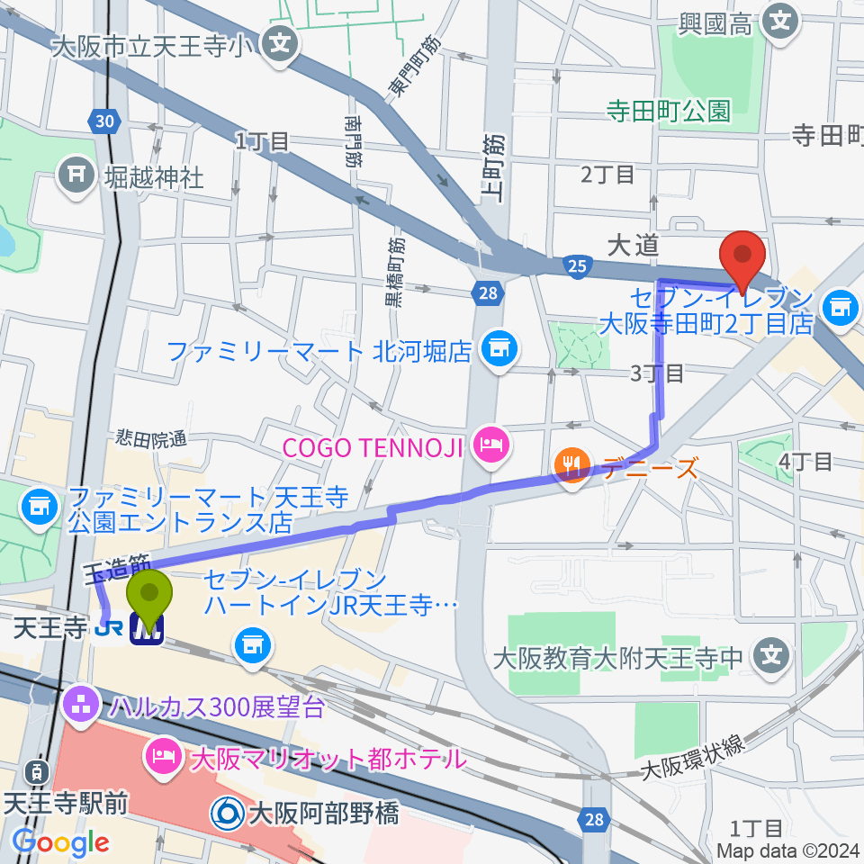 天王寺駅からうえはミュージックフォレストへのルートマップ地図