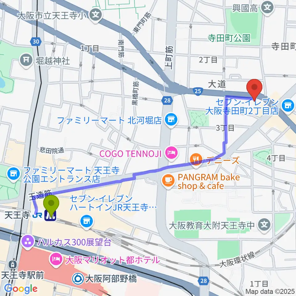 天王寺駅からうえはミュージックフォレストへのルートマップ地図