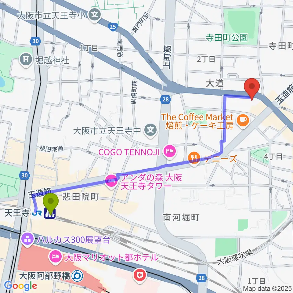 天王寺駅からうえはミュージックフォレストへのルートマップ地図