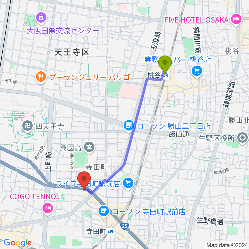 桃谷駅からうえはミュージックフォレストへのルートマップ地図