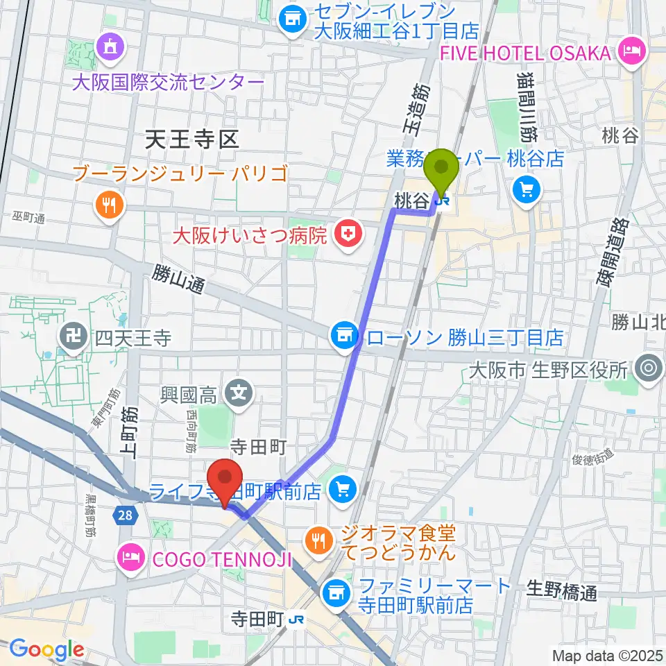 桃谷駅からうえはミュージックフォレストへのルートマップ地図