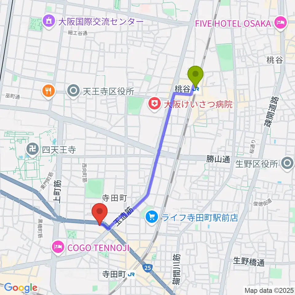 桃谷駅からうえはミュージックフォレストへのルートマップ地図