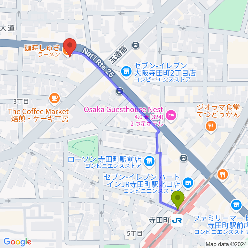 うえはミュージックフォレストの最寄駅寺田町駅からの徒歩ルート（約6分）地図