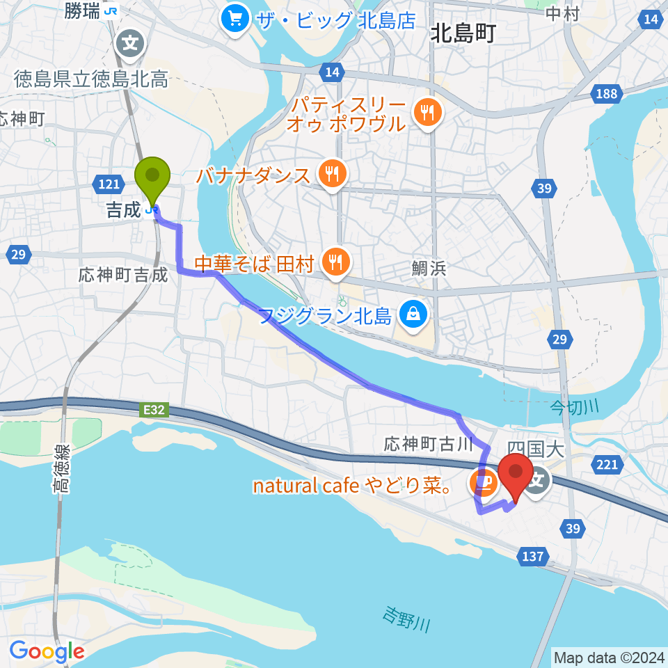 四国大学短期大学部音楽科の最寄駅吉成駅からの徒歩ルート（約44分）地図