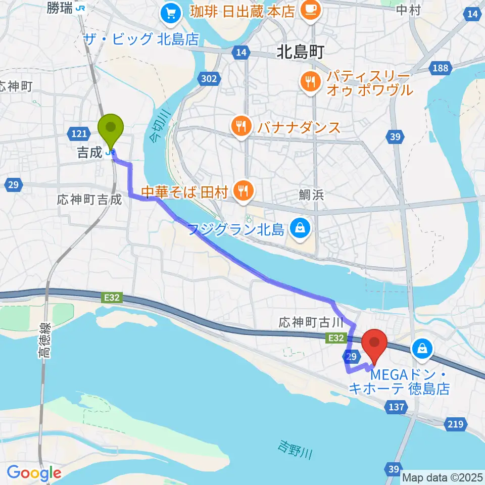 四国大学短期大学部音楽科の最寄駅吉成駅からの徒歩ルート（約44分）地図