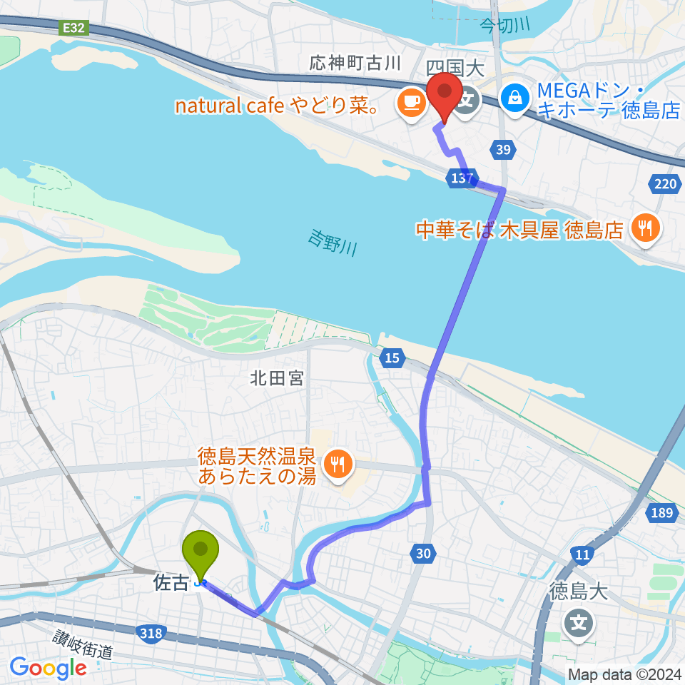 佐古駅から四国大学短期大学部音楽科へのルートマップ地図