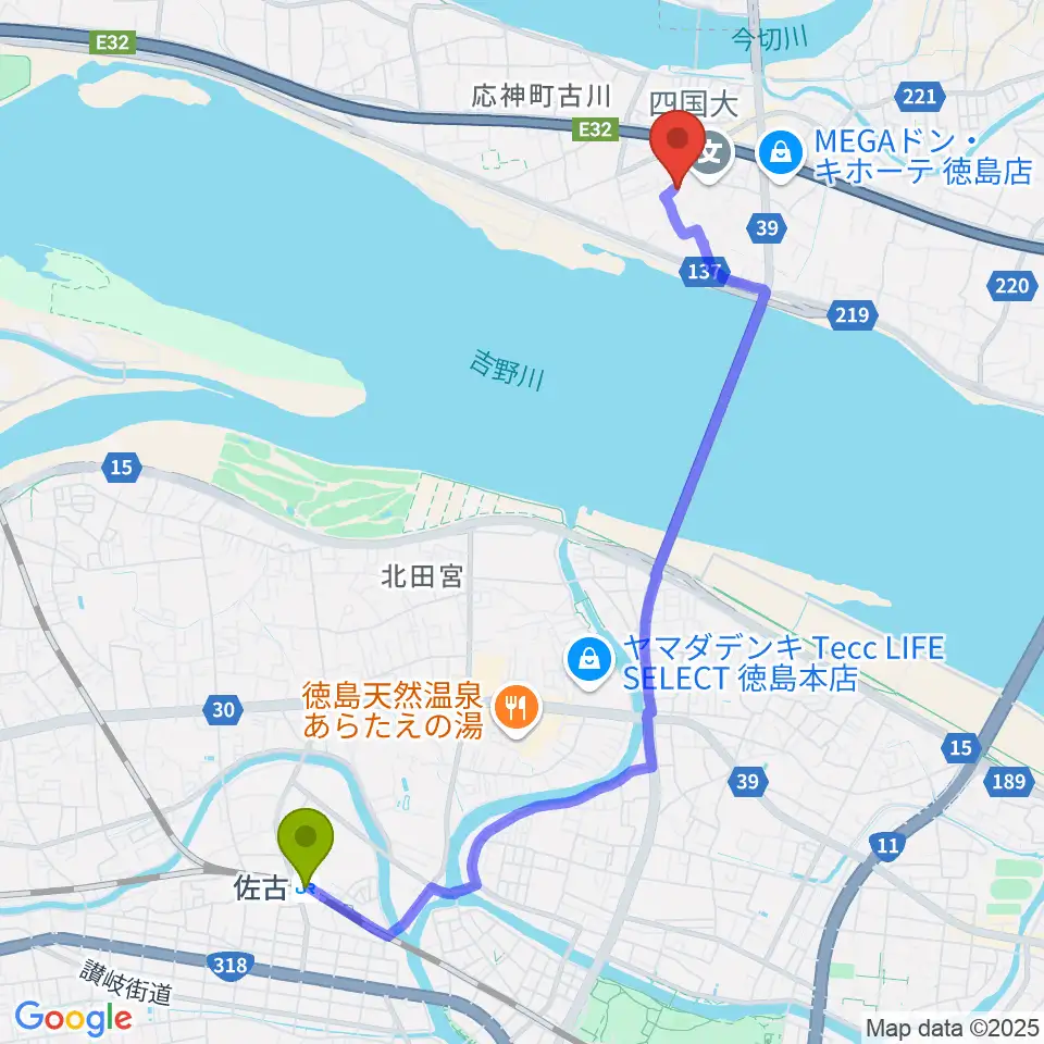 佐古駅から四国大学短期大学部音楽科へのルートマップ地図