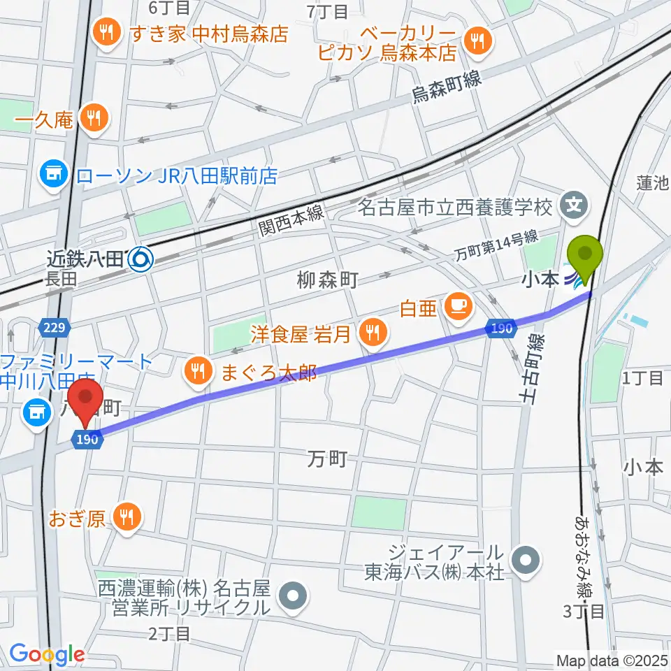 小本駅から矢木楽器 八田センターへのルートマップ地図