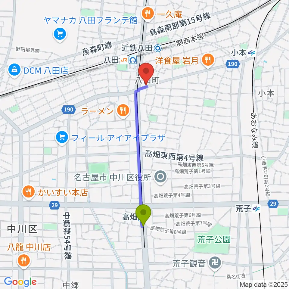 高畑駅から矢木楽器 八田センターへのルートマップ地図