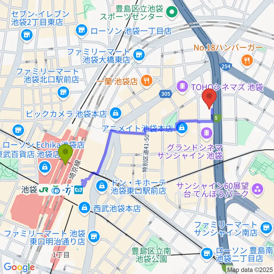 東京ミューズ・アカデミーの最寄駅池袋駅からの徒歩ルート（約9分）地図