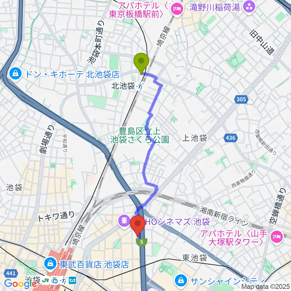 北池袋駅から東京ミューズ・アカデミーへのルートマップ地図