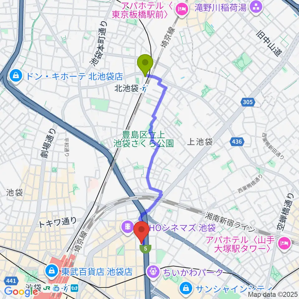 北池袋駅から東京ミューズ・アカデミーへのルートマップ地図