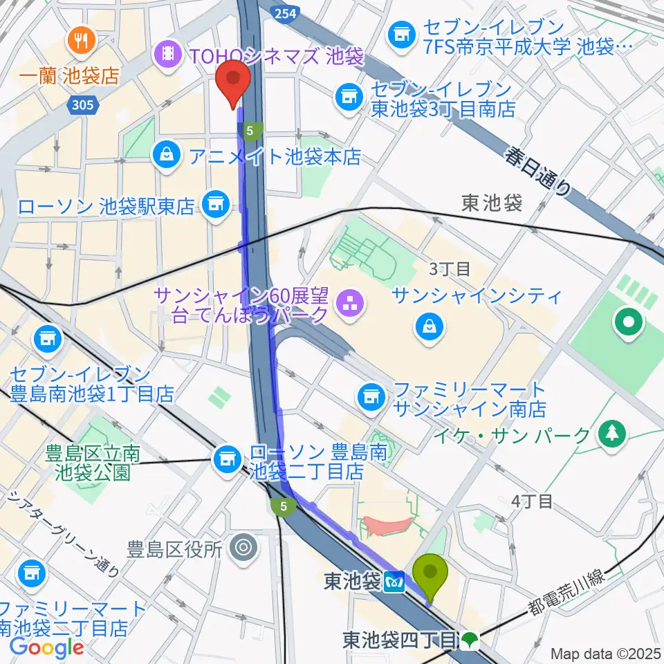 東池袋駅から東京ミューズ・アカデミーへのルートマップ地図